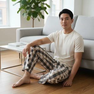 Men’s Plaid Lounge Pants - Beige & Black Check Cotton Pajama Trousers - Pajamas