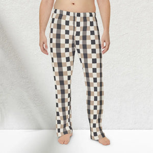 Men’s Plaid Lounge Pants - Beige & Black Check Cotton Pajama Trousers - Pajamas