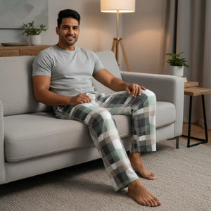 Men’s Plaid Pajama Pants, Cozy Green & Gray Lounge Sleepwear - Pajamas