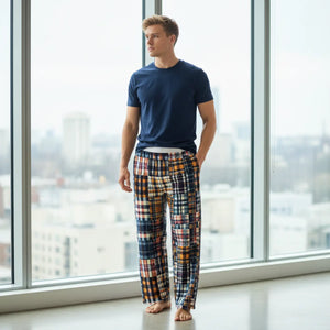 Men’s Plaid Patchwork Pajama Pants, Cozy Lounge Sleepwear - Pajamas - Xs