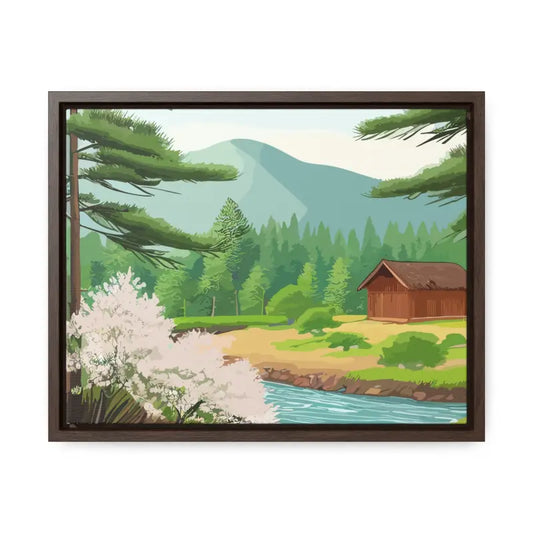 Stream Flowing Gallery Canvas: Majestic Mountain Tranquility - 14″ x 11″ / Walnut / Premium Wraps (1.25″) Canvas