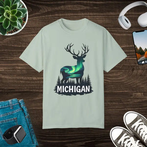 Michigan Aurora Deer Unisex Garment-dyed T-shirt - Dipaliz - Bay / s - T-shirts