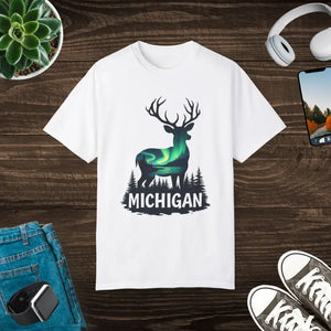 Michigan Aurora Deer Unisex Garment-dyed T-shirt - Dipaliz - White / s - T-shirts