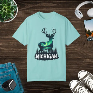 Michigan Aurora Deer Unisex Garment-dyed T-shirt - Dipaliz - Chalky Mint / s - T-shirts