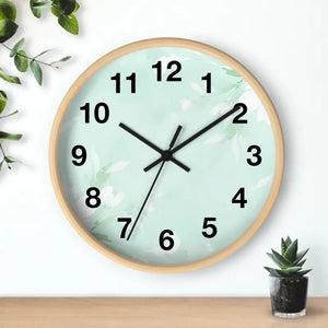 Home Decor - Floral Wall Clock - Mint Botanical Design - Dipaliz Wooden Base / Black / 10’’