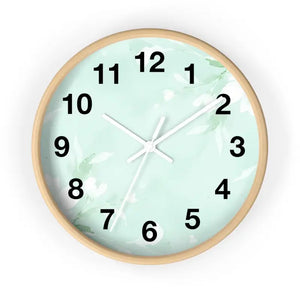 Home Decor - Floral Wall Clock - Mint Botanical Design - Dipaliz Wooden Base / White / 10’’