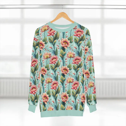 Mint Green Unisex Sweatshirt with Pastel Flower Power - Xs