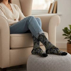 Large paisley teardrops outlined in gold on DipaliZ crew socks