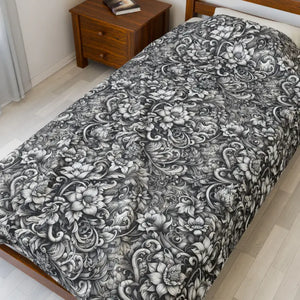 Velveteen Plush Blanket - Monochrome Floral Pattern - Dipaliz - Blankets
