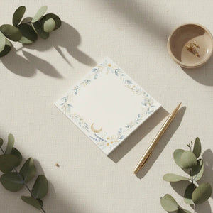 DipaliZ Moon & Wildflower Sticky Note Pad — a close crop of the moon and wildflower linework
