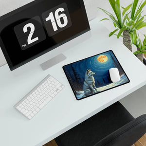 Moonlit Wolf desk mat by DipaliZ, a wolf beneath a full moon printed edge to edge