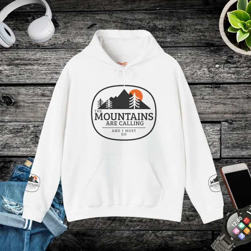 Mountains are Calling: Cozy Unisex Hooded Sweatshirt - White / s Hoodie