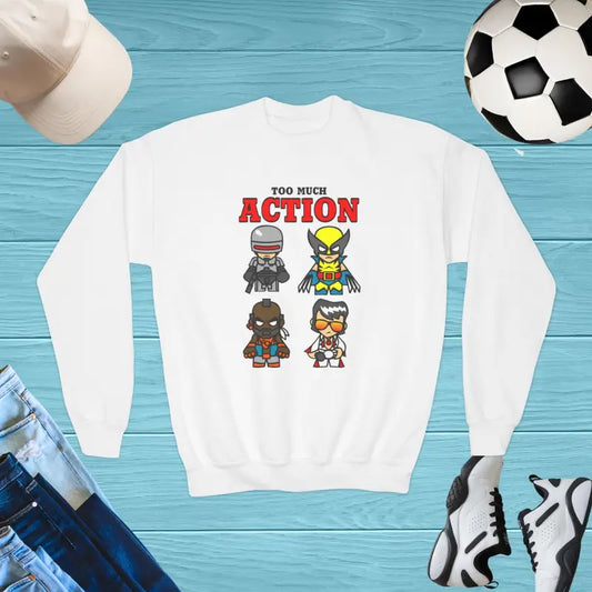 Youth Crewneck Sweatshirt: too Much Action & Comfort - White / Xs Kids Clothes