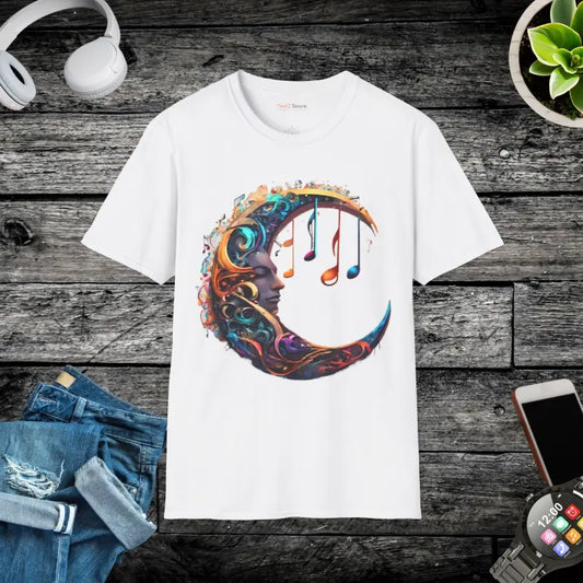 Unisex Softstyle T-shirt with Musical Notes and Moon Design - White / s T-shirt