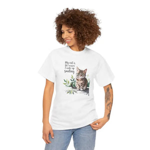 Heavy Cotton Tee for Cat Lovers - Wake Up Smiling Unisex - Dipaliz - T-shirts
