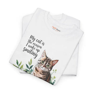 Heavy Cotton Tee for Cat Lovers - Wake Up Smiling Unisex - Dipaliz - T-shirts