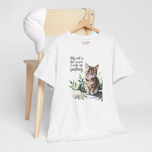 Heavy Cotton Tee for Cat Lovers - Wake Up Smiling Unisex - Dipaliz - T-shirts