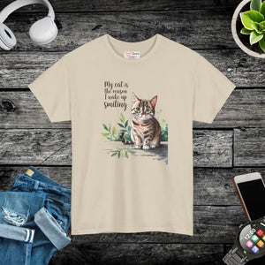 Heavy Cotton Tee for Cat Lovers - Wake Up Smiling Unisex - Dipaliz - T-shirts