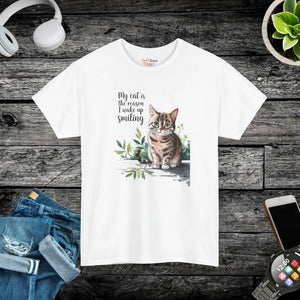 Heavy Cotton Tee for Cat Lovers - Wake Up Smiling Unisex - Dipaliz - White / s - T-shirts