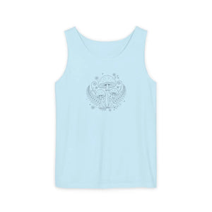 Mystic Mushroom Tank Top - Botanical Psychedelic Graphic - Chambray / Xs