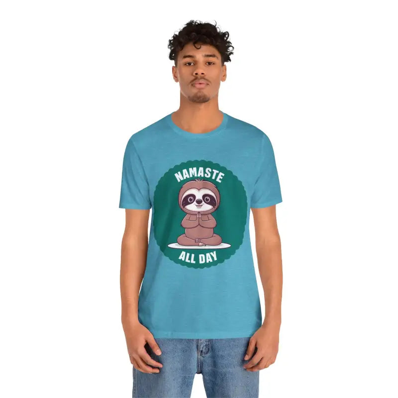 Namaste All Day Sloth Yoga Unisex Jersey Tee - Comfy & Quality - Heather Aqua / s T-shirt