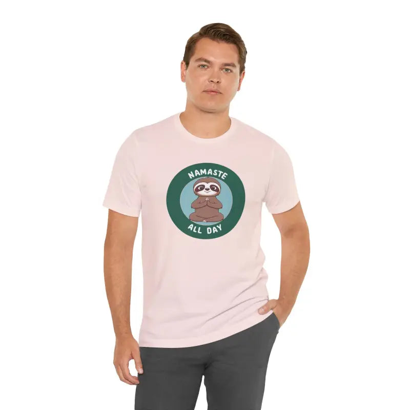 Get your Zen on with Namaste Sloth Yoga Unisex Jersey Tee - Soft Pink / s T-shirt