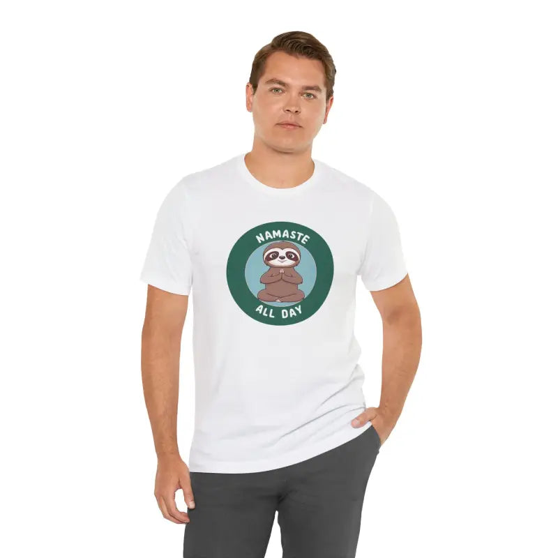 Get your Zen on with Namaste Sloth Yoga Unisex Jersey Tee - White / s T-shirt