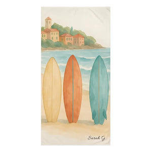 Surfboard Beach Towel Coastal Watercolor Design - Dipaliz - White / 30’’ × 60’’ - Towels