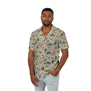 Nautical Hawaiian Camp Shirt - Teal Linen Texture - Dipaliz - Shirts