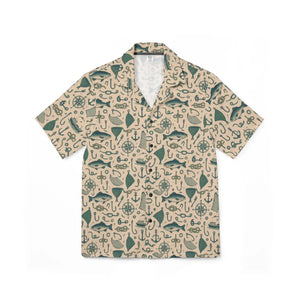 Nautical Hawaiian Camp Shirt - Teal Linen Texture - Dipaliz - Shirts