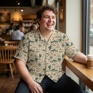 Nautical Hawaiian Camp Shirt - Teal Linen Texture - Dipaliz - Shirts