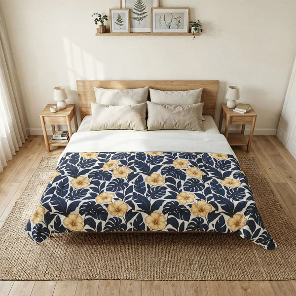Tropical Navy Blue Leaves Cotton Comforter - Dipaliz - 104’’ x 88’’ - Home Decor