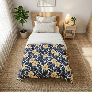 Navy Blue Leaves Cotton Comforter – Queen - Dipaliz - Quilts & Comforters