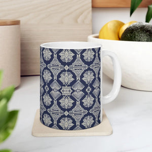 Navy Geometric Pattern Ceramic Mug, Elegant Tribal-inspired Coffee Cup (11oz & 15oz) - Mugs
