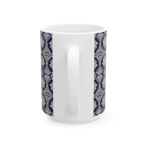 Navy Geometric Pattern Ceramic Mug, Elegant Tribal-inspired Coffee Cup (11oz & 15oz) - Mugs