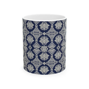 Navy Geometric Pattern Ceramic Mug, Elegant Tribal-inspired Coffee Cup (11oz & 15oz) - Mugs