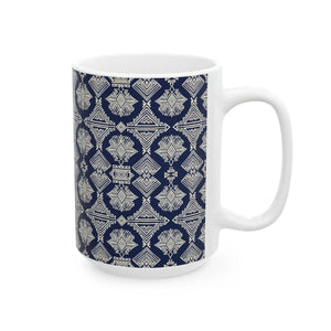 Navy Geometric Pattern Ceramic Mug, Elegant Tribal-inspired Coffee Cup (11oz & 15oz) - Mugs