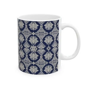 Navy Geometric Pattern Ceramic Mug, Elegant Tribal-inspired Coffee Cup (11oz & 15oz) - Mugs