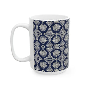 Navy Geometric Pattern Ceramic Mug, Elegant Tribal-inspired Coffee Cup (11oz & 15oz) - Mugs