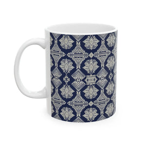 Navy Geometric Pattern Ceramic Mug, Elegant Tribal-inspired Coffee Cup (11oz & 15oz) - Mugs