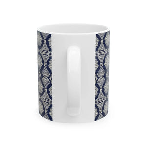 Navy Geometric Pattern Ceramic Mug, Elegant Tribal-inspired Coffee Cup (11oz & 15oz) - Mugs