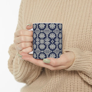 Navy Geometric Pattern Ceramic Mug, Elegant Tribal-inspired Coffee Cup (11oz & 15oz) - Mugs