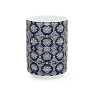 Navy Geometric Pattern Ceramic Mug, Elegant Tribal-inspired Coffee Cup (11oz & 15oz) - Mugs