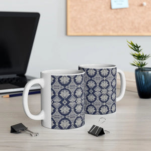 Navy Geometric Pattern Ceramic Mug, Elegant Tribal-inspired Coffee Cup (11oz & 15oz) - Mugs