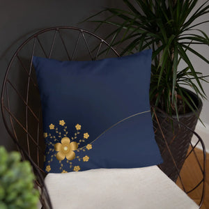 Gold Floral Navy Blue Throw Pillow – 18x18 - Dipaliz - Pillows