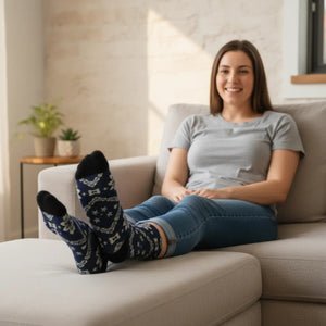 Navy ikat flower pattern printed across DipaliZ sublimation crew socks