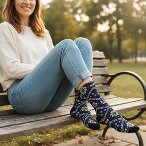 DipaliZ navy ikat floral unisex crew socks in a soft polyester blend