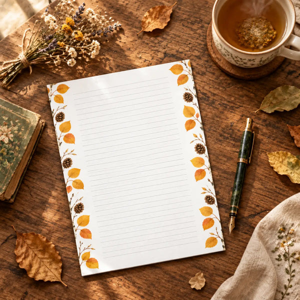 Pinecones with overlapping scales and golden leaves - magnetic notepad by DipaliZ