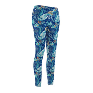 Ocean Waves Floral Leggings, Blue Mermaid Seashell All-over Print - s