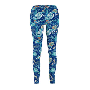 Ocean Waves Floral Leggings, Blue Mermaid Seashell All-over Print - s